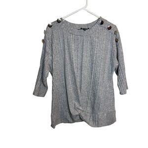 Luxulogy Grey Ribbed Short Sleeve Sweater Button Detail Women Size Large L